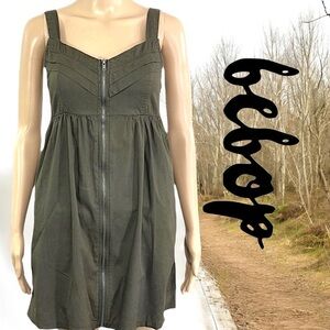BeBop Full Zipper Front Olive Green Dress with Side Pockets